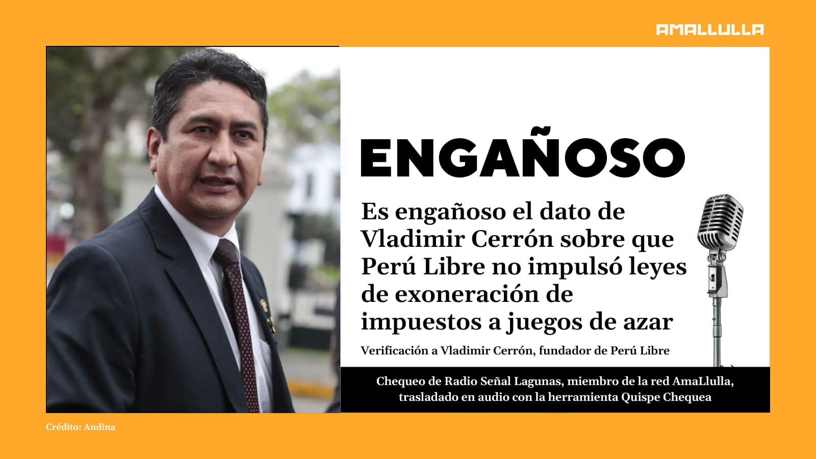 Red AmaLlulla. Es engañoso que Perú Libre no impulsó leyes de exoneración de impuestos a juegos de azar