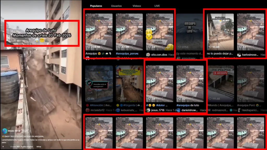 DESINFORMACIÓN. El video con el título “Arequipa de Luto. Momentos de crisis 20 de febrero de 2026 ", ha sido replicado por distintas cuentas en TikTok.