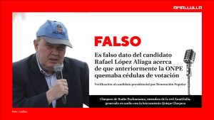 Rafael López Aliaga, candidato presidencial por Renovación Popular, durante una actividad pública. AmaLlulla verificó como falso su dato sobre que la ONPE quemaba cédulas de votación en procesos anteriores.