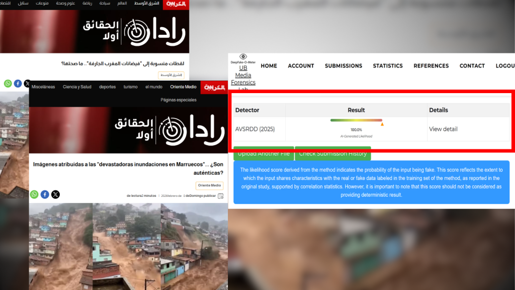 VERIFICADO. CNN en árabe verificó una versión del mismo video atribuida a un reciente desastre natural al norte de Marruecos. Usando la herramienta Deepfake-o-Metter concluyó que el contenido fue generado por IA.