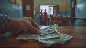 Fotografía periodística documental en Perú. Interior de una posta médica pública deteriorada. En primer plano, una mano entrega discretamente billetes doblados sobre un escritorio a un funcionario desenfocado. Al fondo, una madre con su hijo espera en silencio.