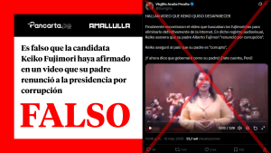 Es falso que la candidata Keiko Fujimori haya afirmado en un video que su padre renunció a la presidencia por corrupción